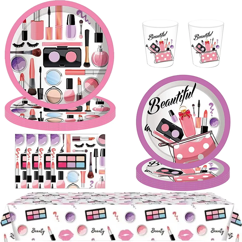 Girls Spa Makeup Party Supplies Disposable Tableware Set Plates Cups Napkins Balloons Baby Shower & Birthday Decorations