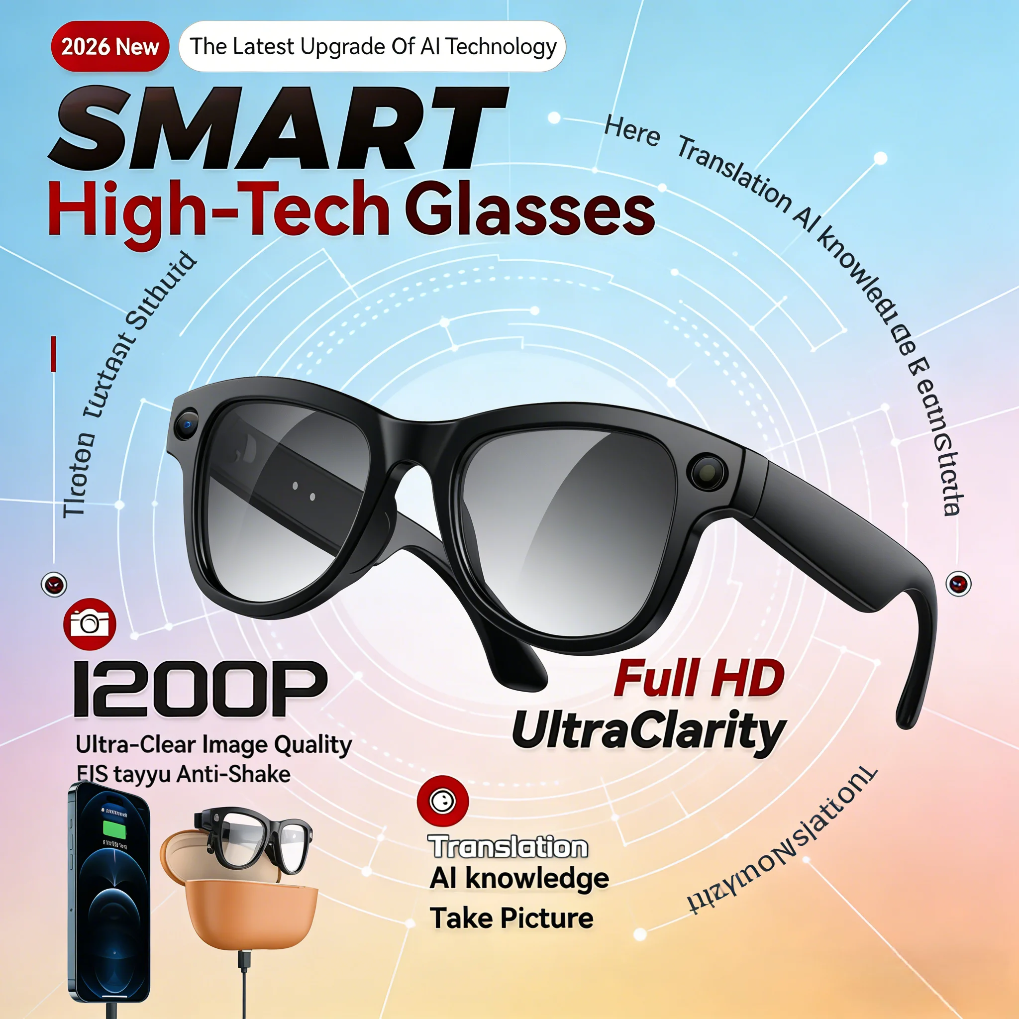 

2026 New AI Translate Smart Glasses 8MP HD Camera 4GB Storage Voice Call Video Recording Multilingual Real-Time Translation Sung