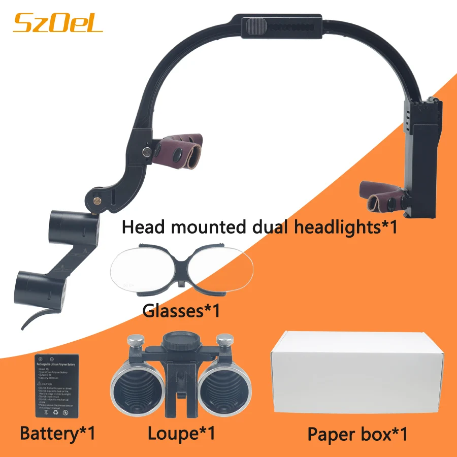 2.5X/3.5X Dental Binocular Magnifying Glass Oral Front Headlight Dual Headlights Shadowless Spotlight Dental Lighting