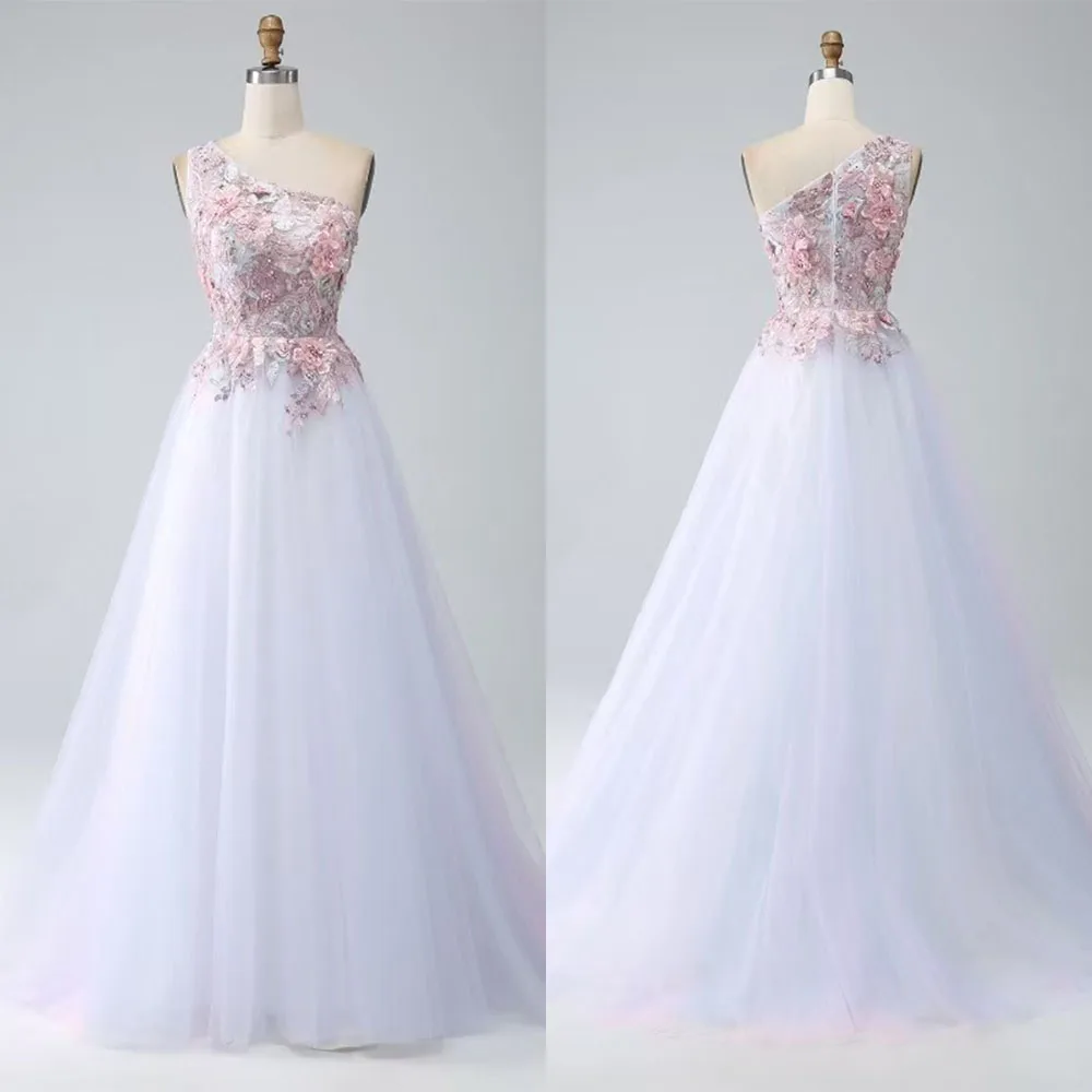 

High Quailty Customized Appliques Tulle Floor Length White One Shoulder Sleeveless Flowers Elegant Dress Women for Wedding Party