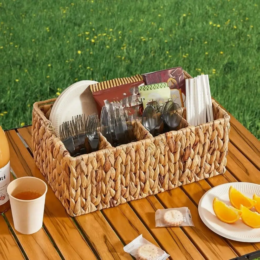 

Water Hyacinth Handwoven Cutlery Organizer Foldable Handle Rural Style Kitchen Storage Box Rectangular Dinnerware Storage Basket