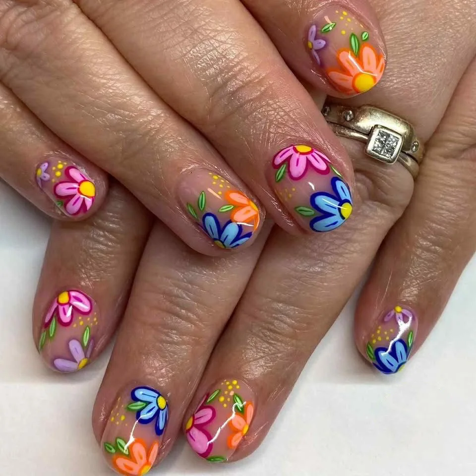 

Almond Press on Nails Flower Pattern False Nails Wearable Stick-on Nails Fake Nails Wearable Round Head Oval Full Cover Nail Tip