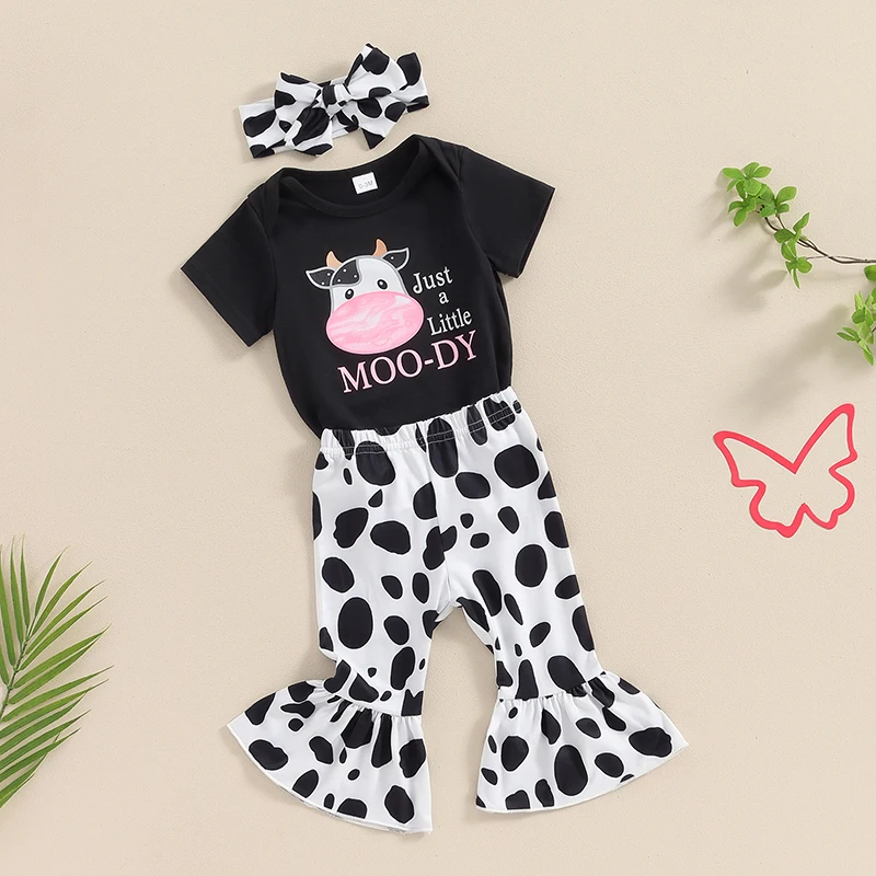 Tenues d'été pour bébés filles, barboteuses à manches courtes imprimées vache, pantalon évasé, bande de sauna, ensemble de vêtements 3 pièces, 2024-04-05