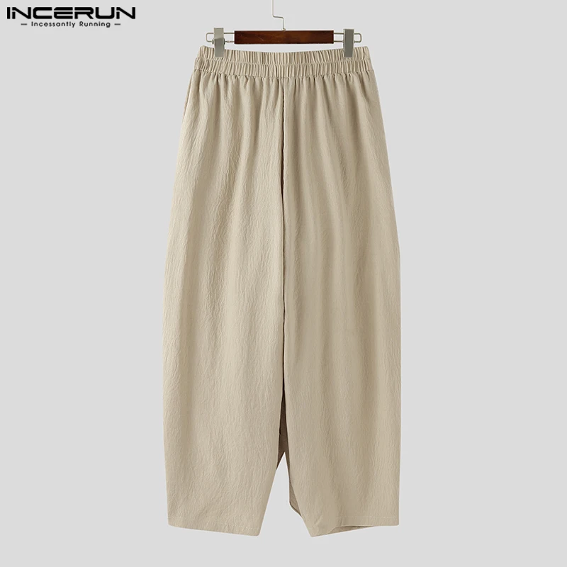 INCERUN Męskie Spodnie Jednolite Kolory Elastyczny Pas Joggers Luźne Sznurowane Spodnie Męskie Streetwear 2025 Plisowane Codzienne Nieregularne Spodnie