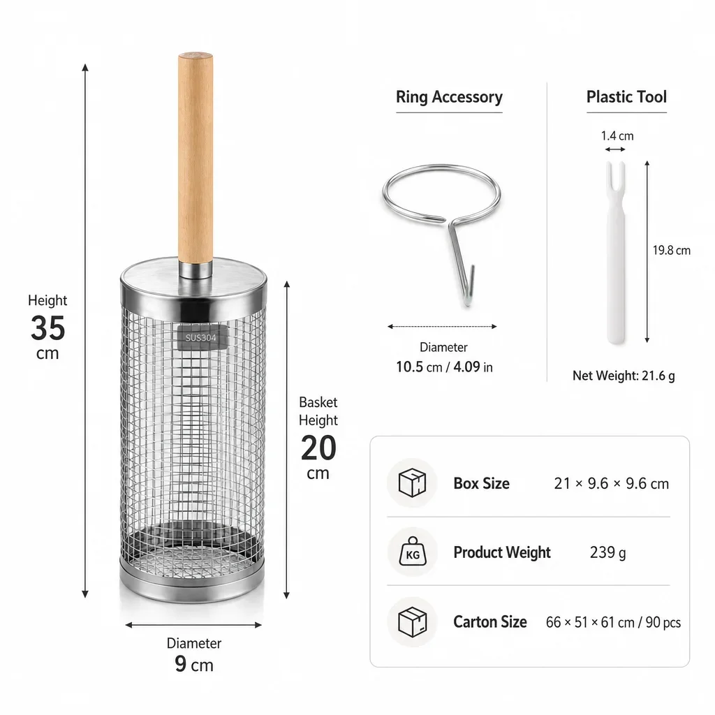 BBQ Basket Set Stainless Steel Rolling Grilling Basket Wire Mesh Cylinder Grill Basket Outdoor Camping BBQ Rack with Wood Handle