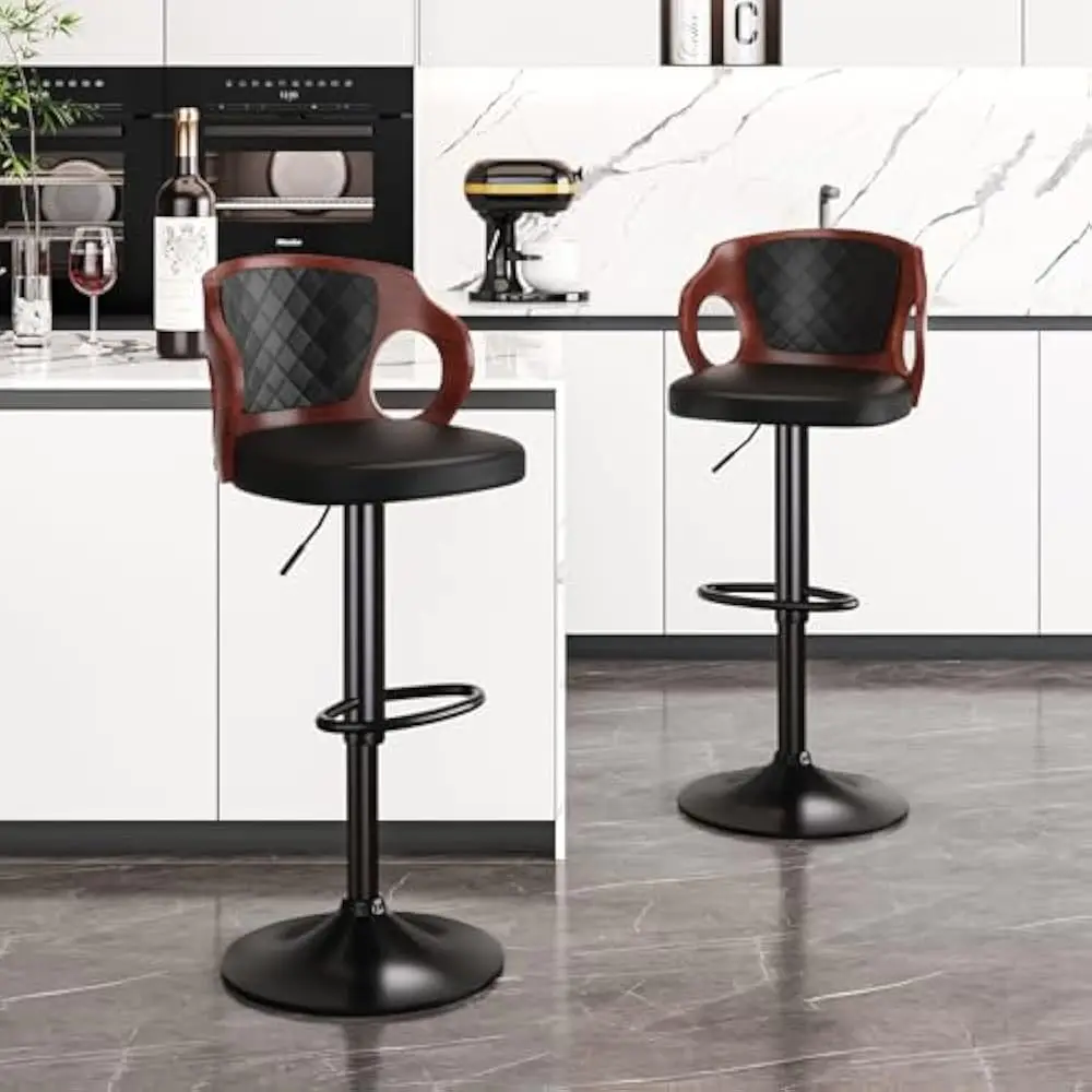 

Bar Stool Set of 2 or 4, Counter Height Stools with Bentwood Back, Swivel, PU Leather Barstools, Adjustable Height Bar Chair