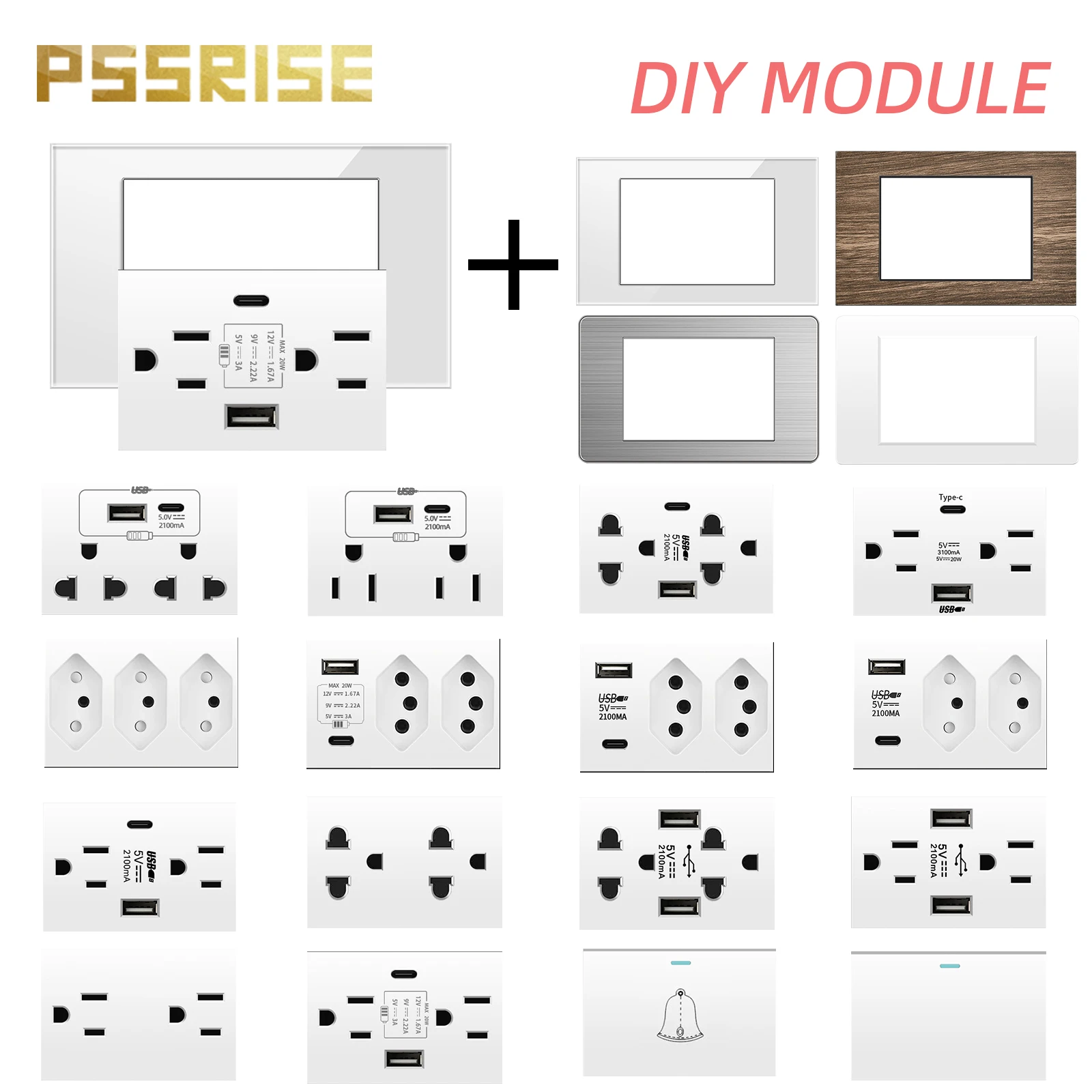 

PSSRISE White Integrated Module Mexico Brazil USA EU Thai standard switch socket Double USB TypeC 2.1A Fast Charging Wall Socket