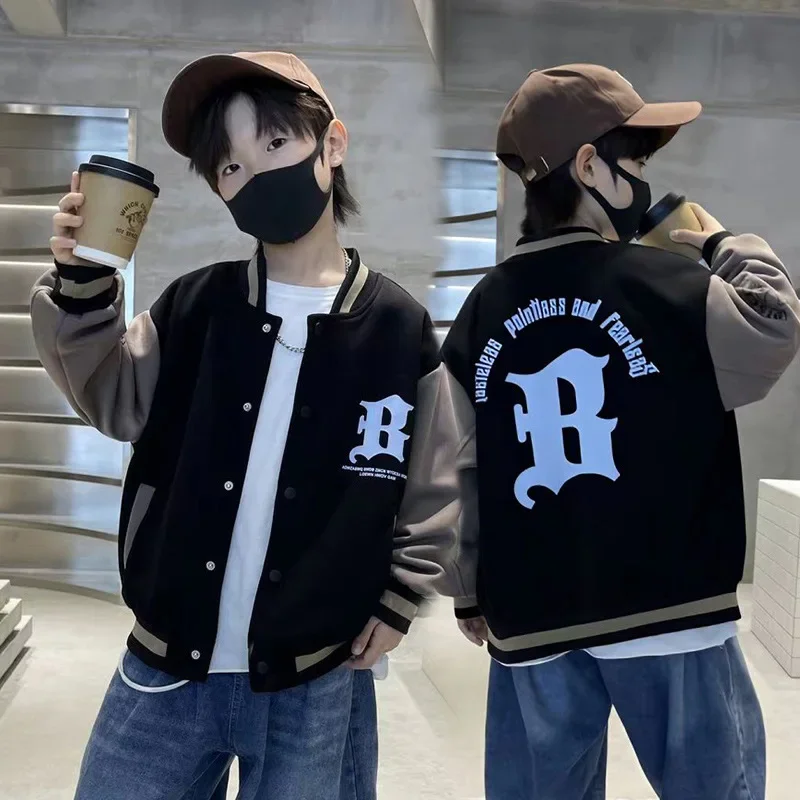 Kids Bomber Jacket Children Spring Autumn Letter Print Outerwear Boys Streetwear Varsity Baseball Uniform Coats 4 6 8 10 12 14 Y