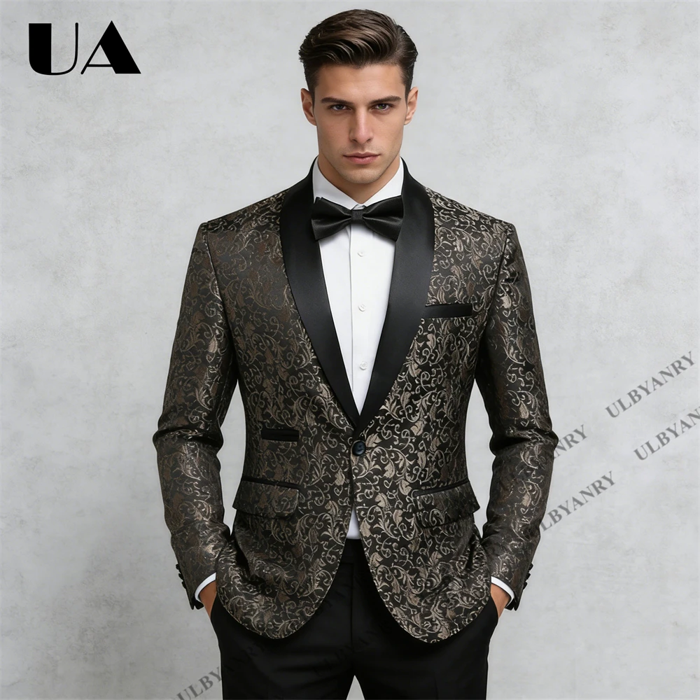 

Jacquard Tuxedo Pants Set for Men, Satin Lapel Formal Suit Set for Gala Dinner Retro Ball Suit Attire 2-piece Slim Fit Suits