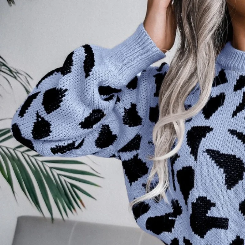 

Casual Leopard Print Knitted Crop Top Sweater Women Autumn Winter O-Neck Short Pullover Female Fashion Long Sleeve Jumpers