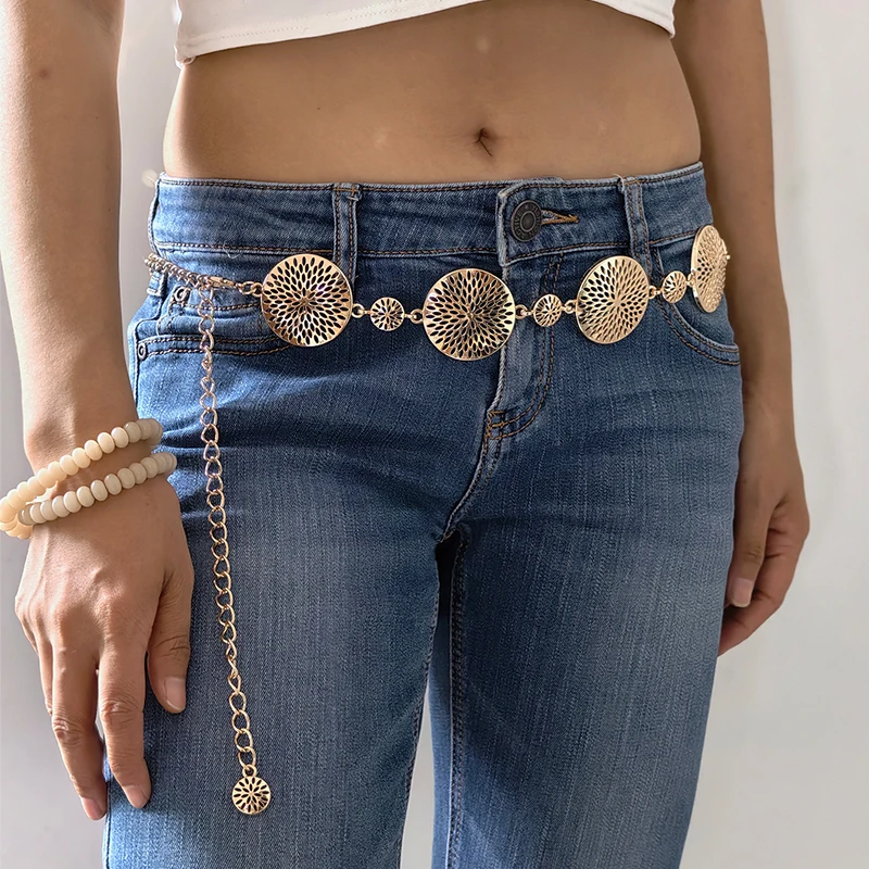 حزام خصر معدني للسيدات على الطراز القديم إكسسوارات فاخرة راقية أنيقة مزخرفة بسلسلة جينز على شكل دائرة مجوفة