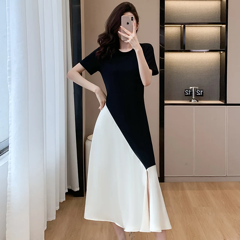 Ofallsis High Quality Satin Patchwork Contrasting Color Tie Up Dress 2024 Summer Waist Slimming Medium Length Elegant Dresses