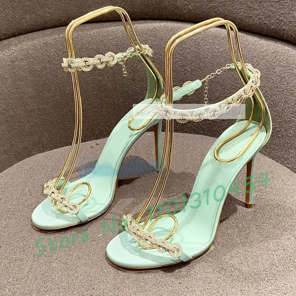 Crystal Chain-link Blue Sandals Women Luxury Lustrous Satin High Heels Shoes Summer Ladies Diamond Strap Open Toe Elegant Shoes