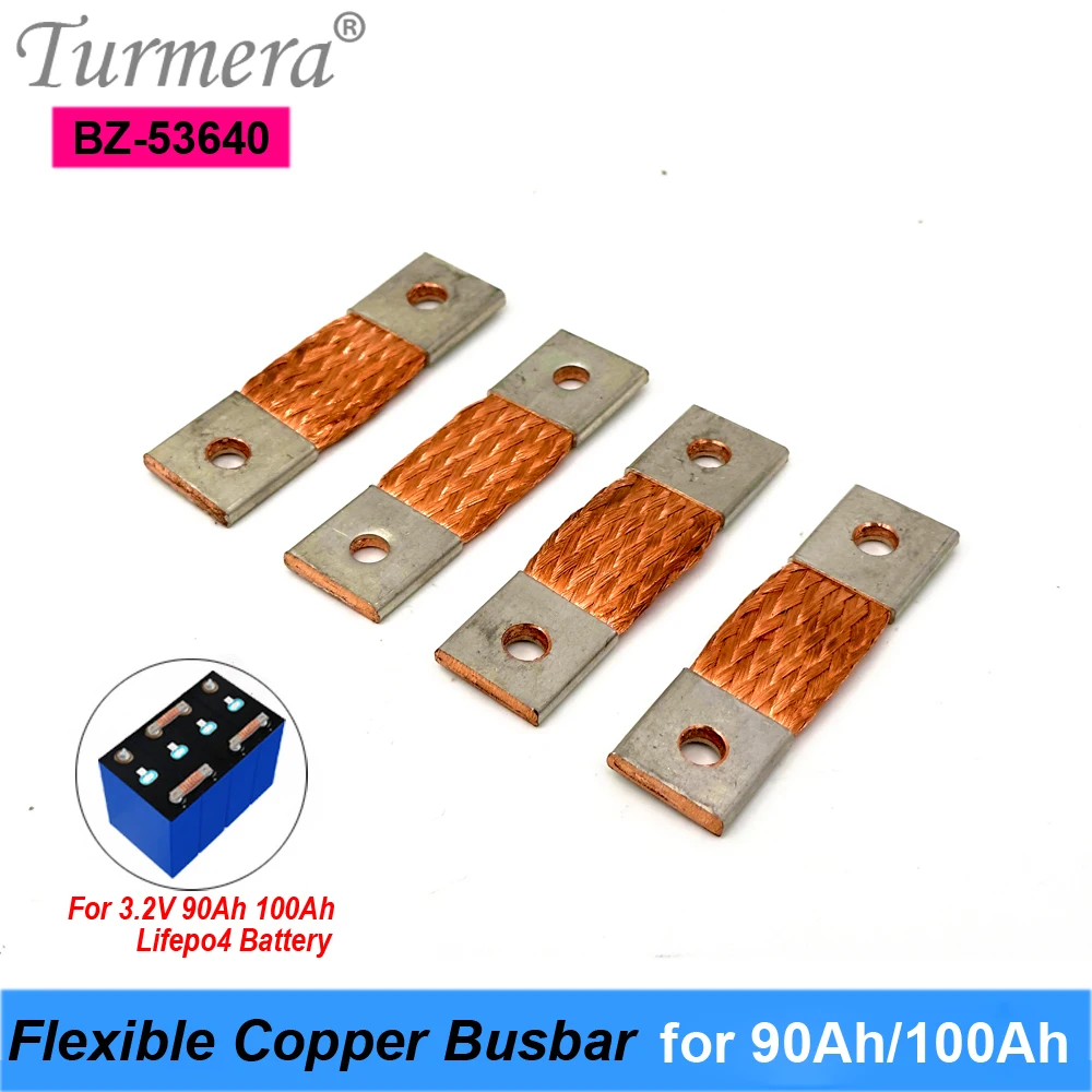 Turmera 4Piece 12V 24V Battery Flexible Copper Busbar Connecter Hole to Hole 53mm 4mm 400A for 3.2V 100Ah 90Ah Lifepo4 Batteries