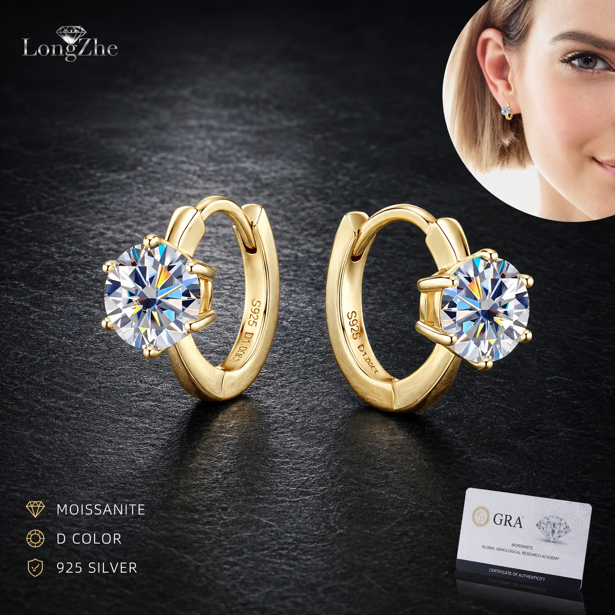 

LongZhe 925 Sterling Silver Moissanite Huggie Earrings For Women 1CT Round Cut Gold White Color Jewelry Gift GRA Certificate