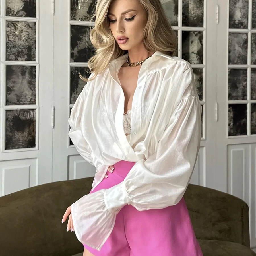 

French Style Satin Oversized Blouses Fashion Chic Women Lapel Lantern Sleeve Shirts High Street Office Lady Loose Blouses White