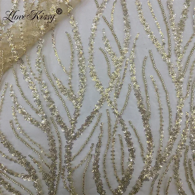 Nuovo tessuto di pizzo con perline di foglie di salice di alta qualità + ricamo di paillettes da 3 mm semplice bellissimo abito da sposa per feste largo: 125 cm