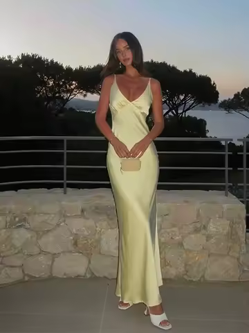 Fashion Solid Satin Sling Dress For Women Chic Backless Sleeveless Evening Suspender Dress Summer Vacation Beach Party Lady Robe