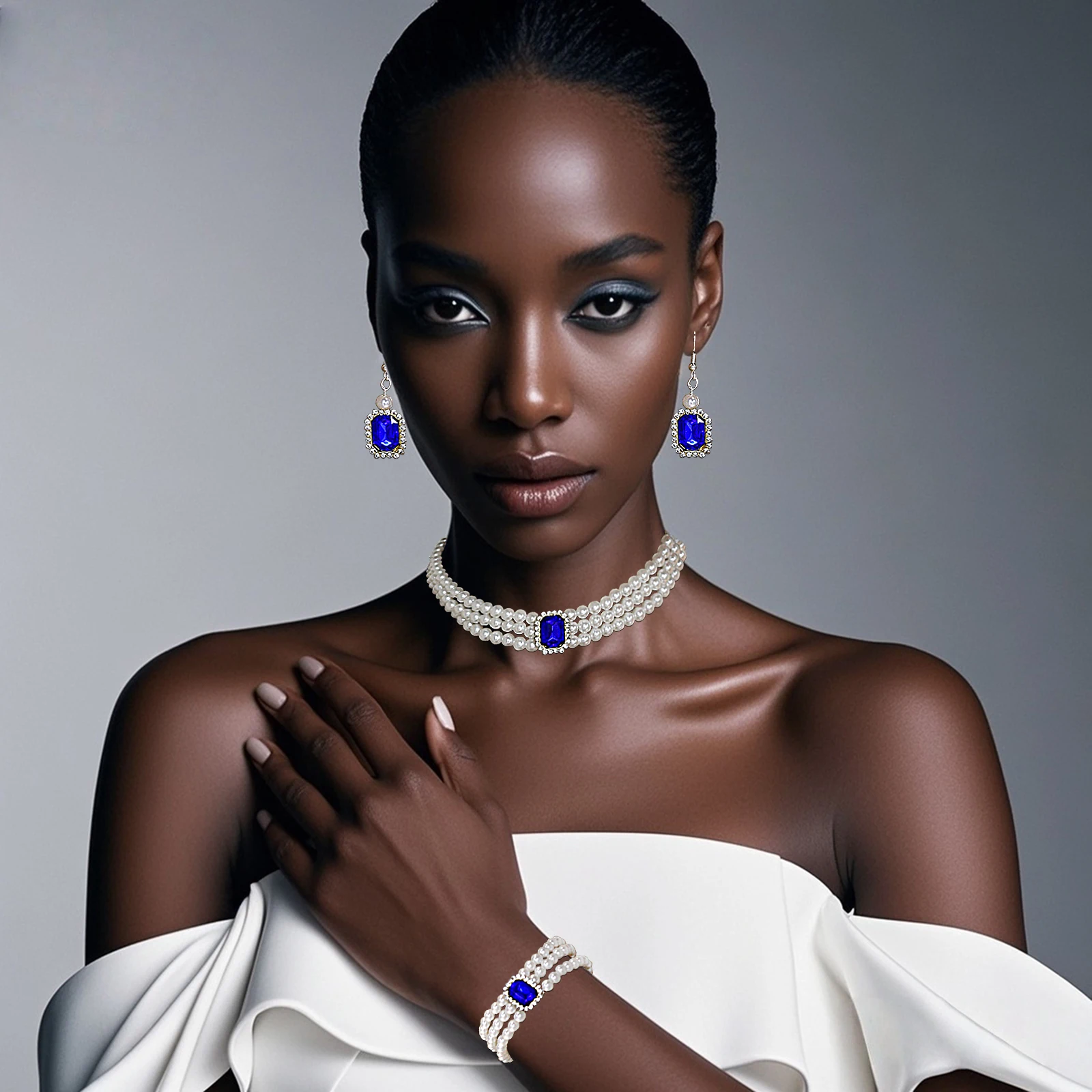 

HNNNS Jewelry Set for Women Luxury Pearl Earrings Bracelet Necklace 3-Piece Holiday Party Jewelry Accessories Bridal Gifts C01