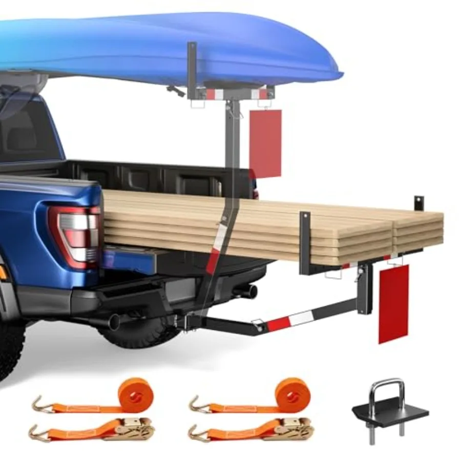 

Truck Bed Extender Hitch Mount Foldable Pickup Truck Bed Extender for Kayak Canoe Ladder Lumber Rack Long Pipes w/Flag Reflecti