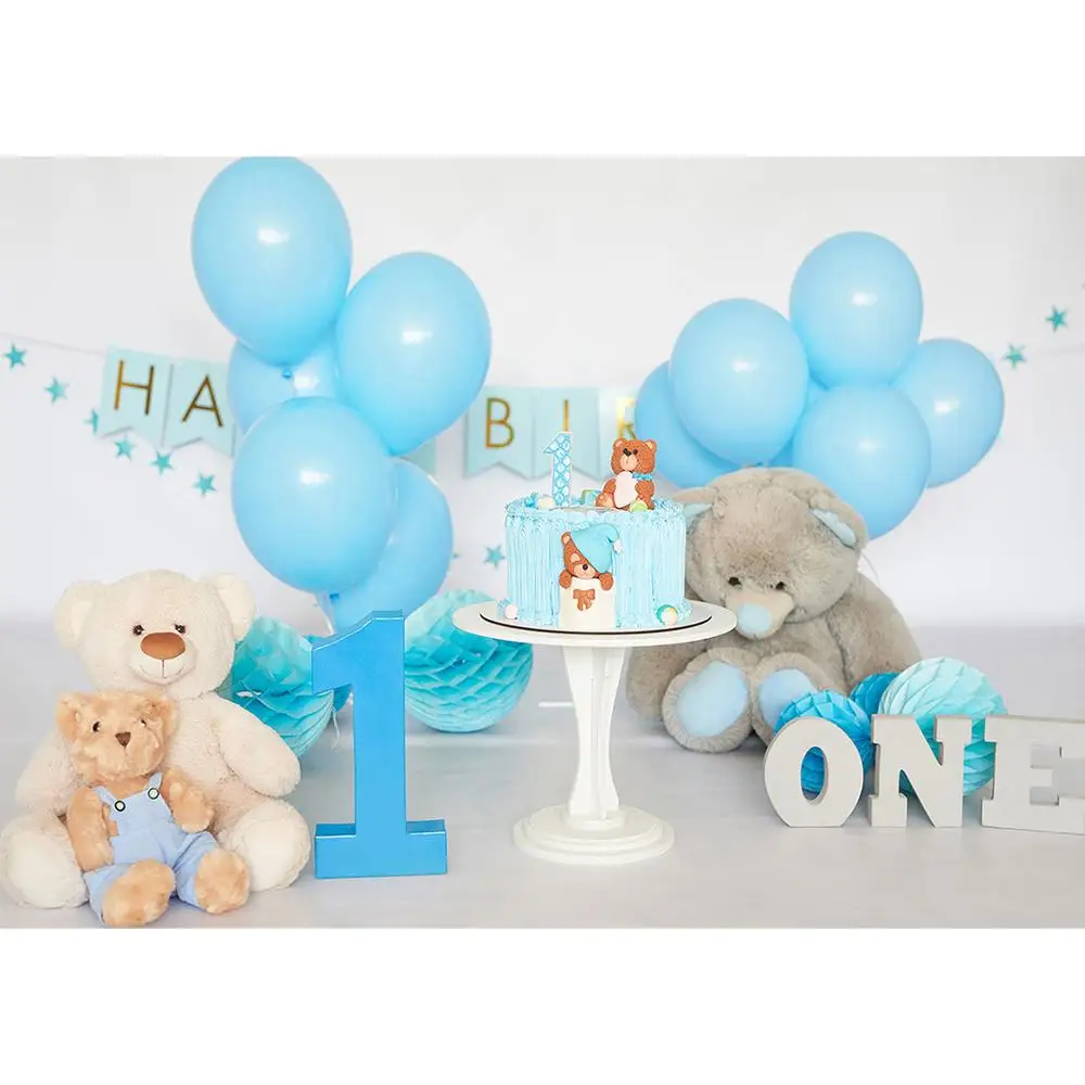 

Blue Balloons Toy Bear Cake Photography Backdrops Vinyl Background for Children Birthday Party Baby Shower Photophone Fond Photo