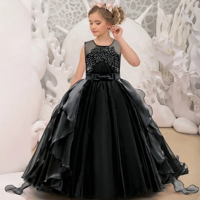 

Pageant Long Black Party Dress For Girls Children Costume Crystal Princess Dresses Girl Dress Vestidos Wedding Prom Gown 4-14Y