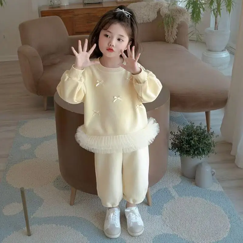 Calças com capuz de duas peças suitgirls sweatshuit conjunto de roupas moda crianças princesa arco amor decoração primavera outono 2025 novo