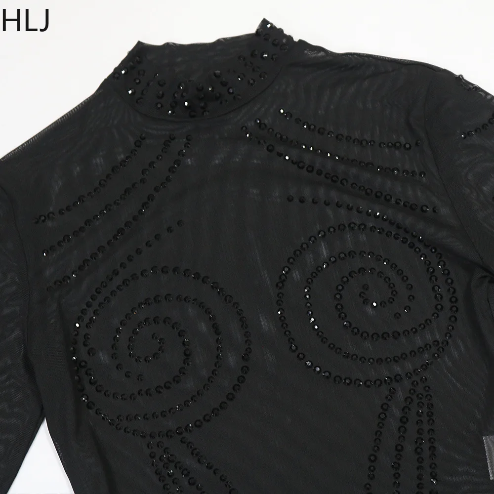 Hlj sexy strass retalhos bodycon vestidos femininos malha ver através irregular borla vestido feminino festa clubwear vestidos novo