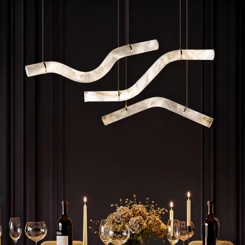 

REVEN Double Layer Marble Strip Modern Chandelier Brass Pendant Lamp Adjustable Height Dimmable for Dining Room Light Fixture