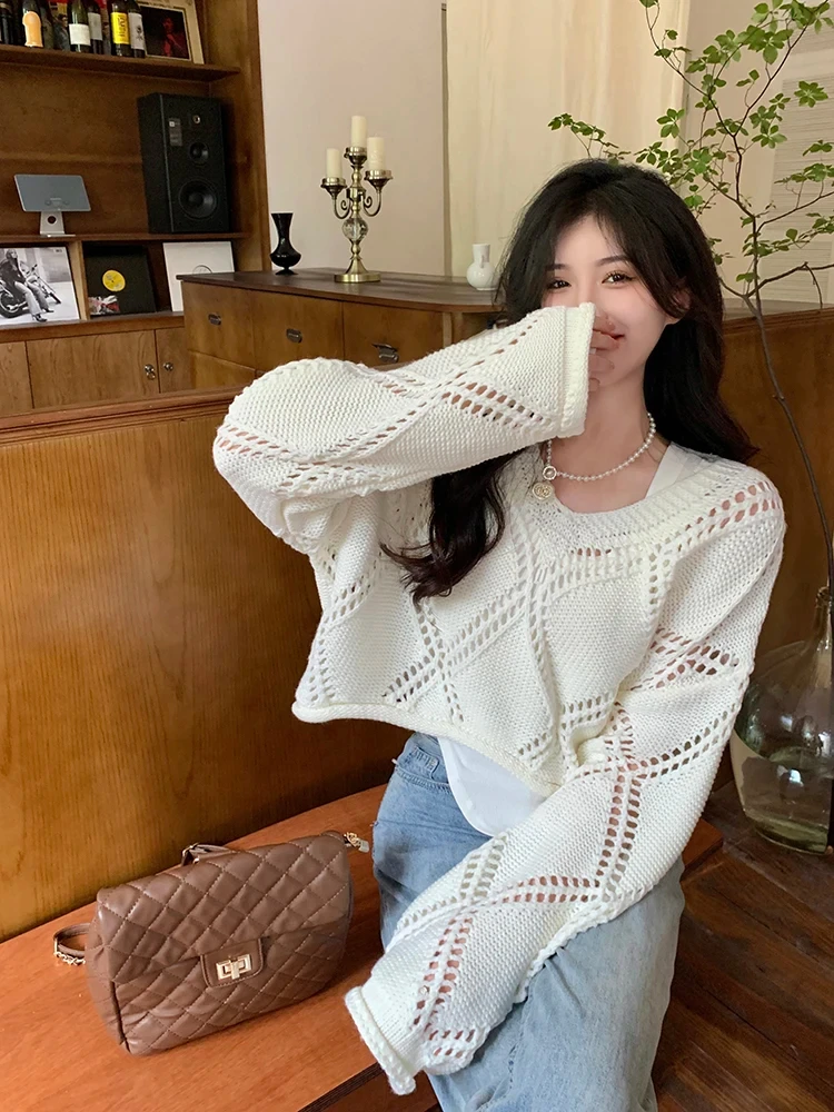 

Женский укороченный свитер Y2K с ажурным узором аргайл, вязаный, с длинными рукавами, повседневный, сексуальный, для пляжного отдыха, весна-осень