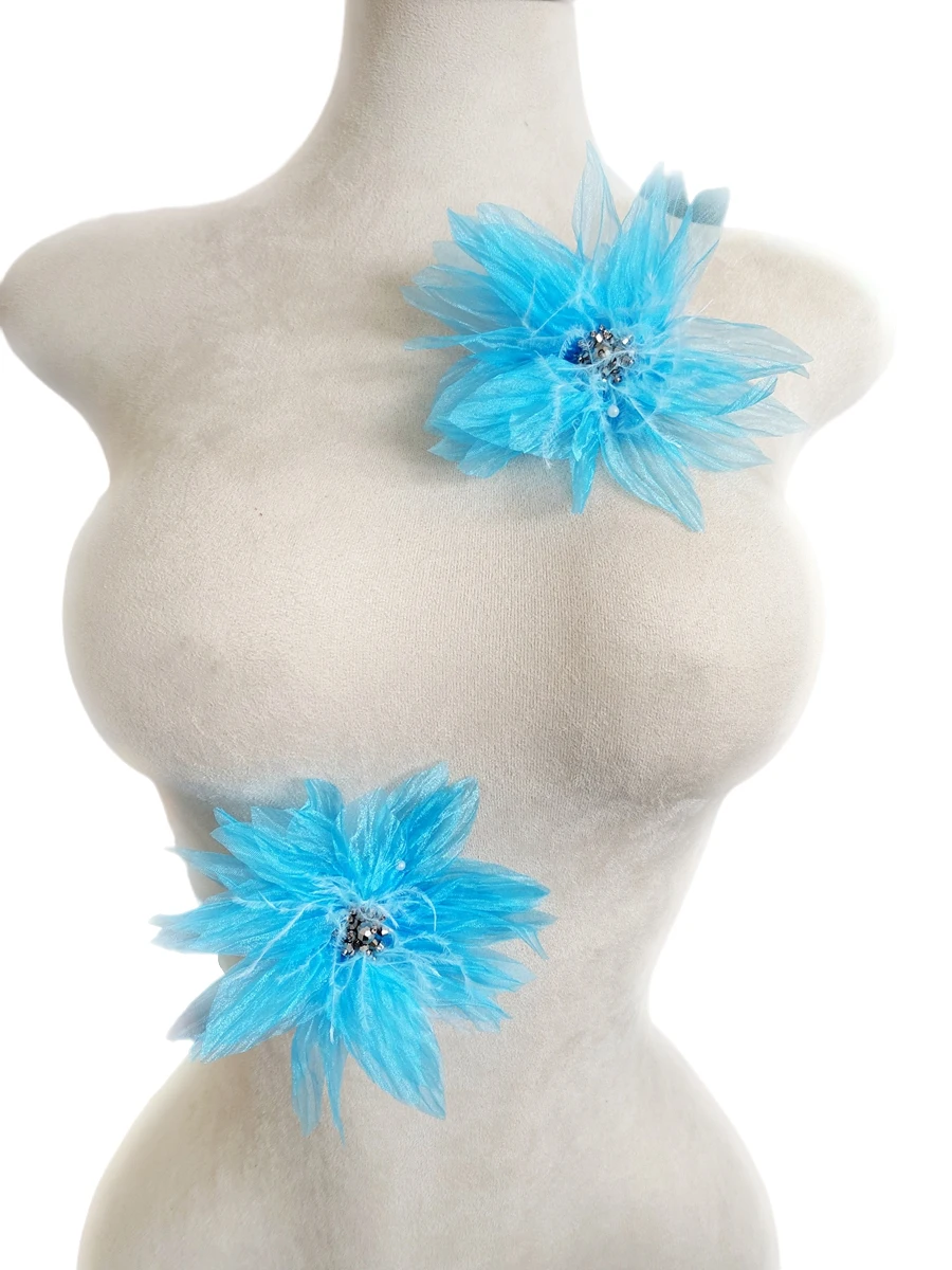 12 Colors 2 Pieces Handwork Beaded Crystal Tulle Floral Dress Accessories Mesh Flower Clothing Sparkling Decorations