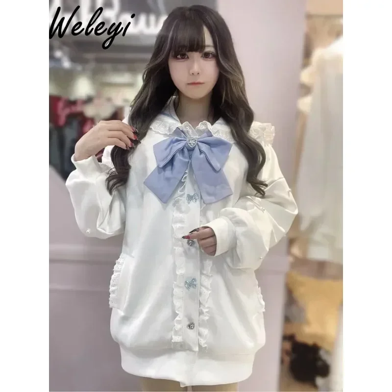 Sweet Japanese Woman Loose Bow Sweatshirt 2024 Spring New Soft Girl Cute Navy Neck Bow Long Sleeve Mid-Length Hoodies Female