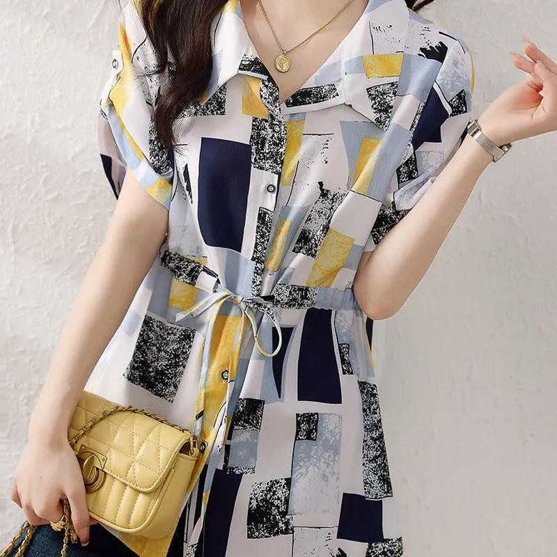 Female Clothing Geometric Spliced Printed Blouse Commute Single-breasted Summer Korean Drawstring Waist Casual All-match Shirt