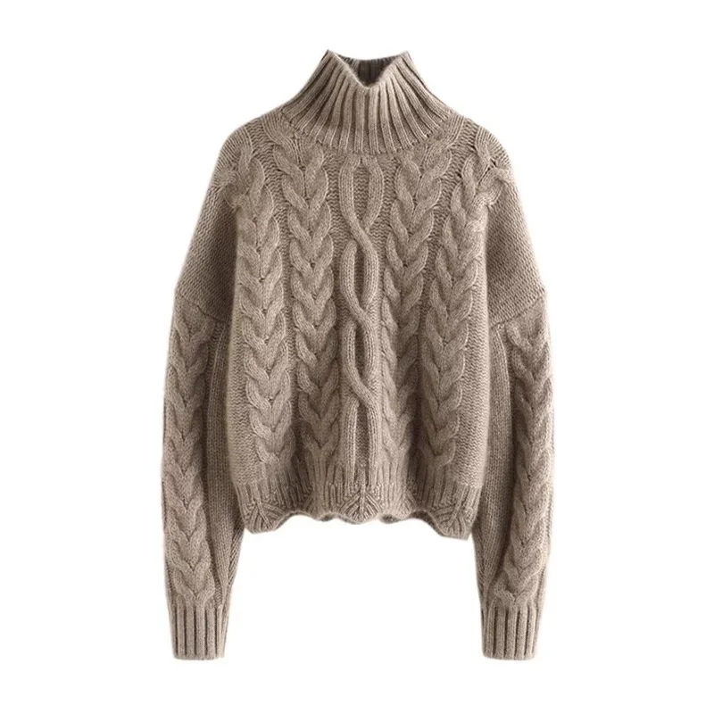 

Winter New 100% Wool Women's High Neck Twisted Flower Long Sleeve Knitted Sweater Solid color Thickening Casual Short Pullover