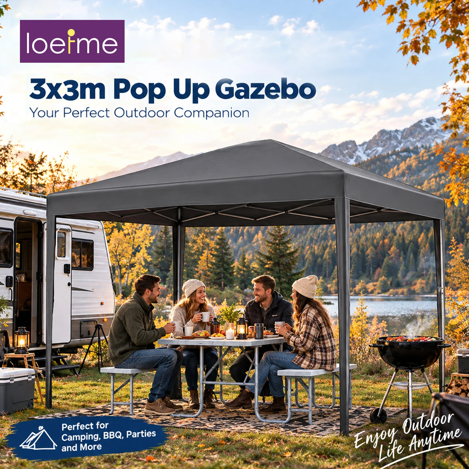 LOEFME Gazebo Pop-Up 2x2M/3x3M, Tenda da Esterno Impermeabile, Riparo da Giardino Robusto con 4 Pareti Laterali, Gazebo Portatile Istantaneo, Tenda da Sole Resistente ai Raggi UV e al Vento per