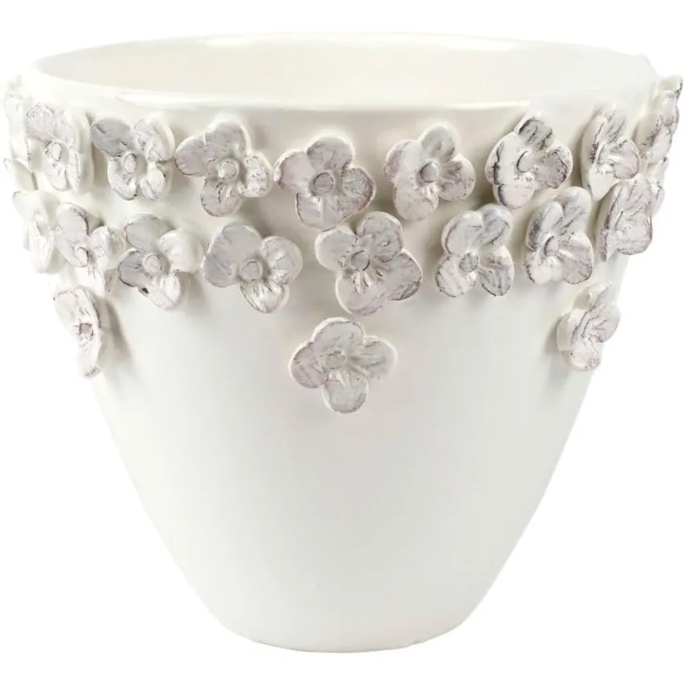 

Vietri Rustic Garden White Flower Medium Cachepot, 8.5" H Terra Bianca Outdoor/Indoor Planter Pot