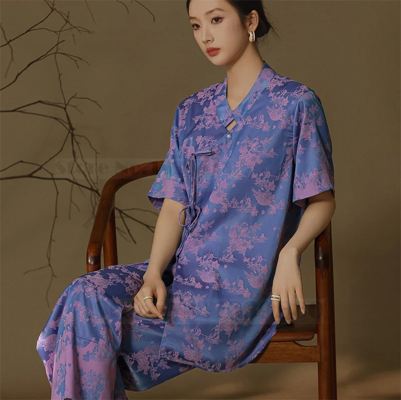 

Spring Summer Pajamas Set Short Sleeve Trouser Suits New Chinese Style Female Sleepwear Pyjama Elegant Jacquard Satin Home Wear