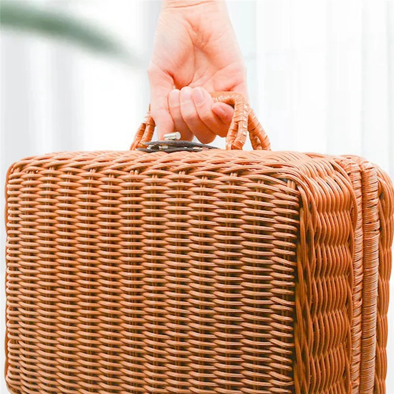 Retro Imitation Rattan Picnic Basket Woven Suitcase Hand Woven Photography Props Home Decoration Storage Light Purple