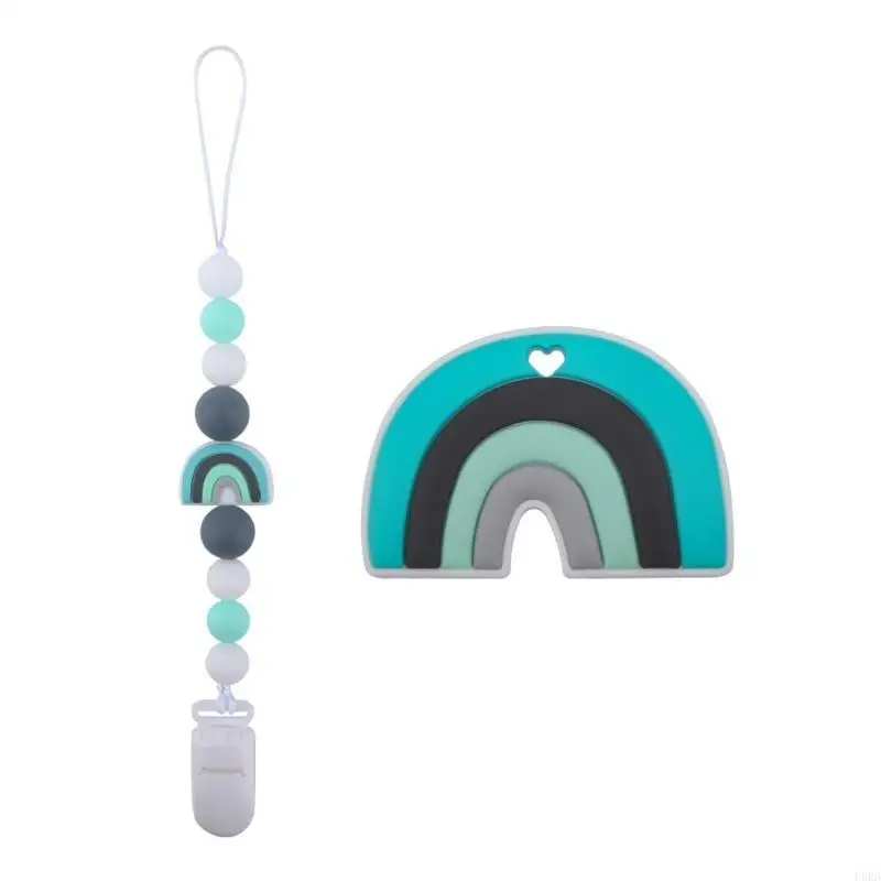 

Cartoon Rainbow Silicone Pacifier Clip with Teether Set Teething Soother Toy Pacifiers Chain Holder for Baby Girls Boys L8RB