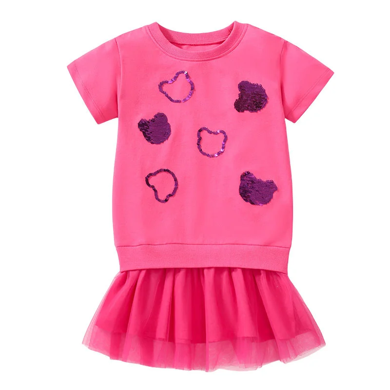 Jumping Meters  2-8 Years Children's Girls Dresses Flower  Applique Hot Selling Summer Kids Clothing Short Sleeve Baby Frocks