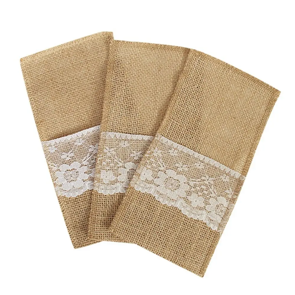 

Linen Fabric Burlap Lace Cutlery Pouch Lace Trim Lace Flowers Tableware Storage Bag Exquisite Simple