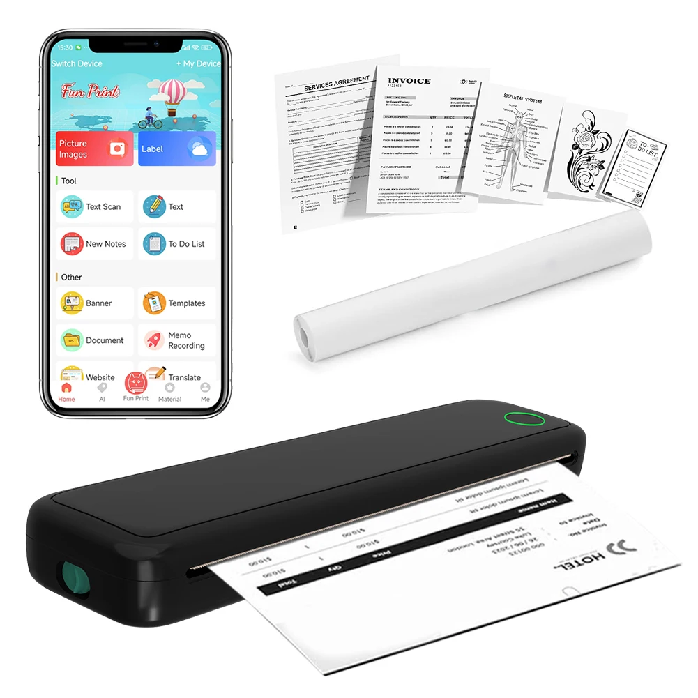 Tragbarer A4-Drucker ohne Tinte für Reisen, kabelloser Bluetooth-Thermodrucker mit 1-Rollen-Thermopapier-Set für den Dokumentenhersteller zu Hause