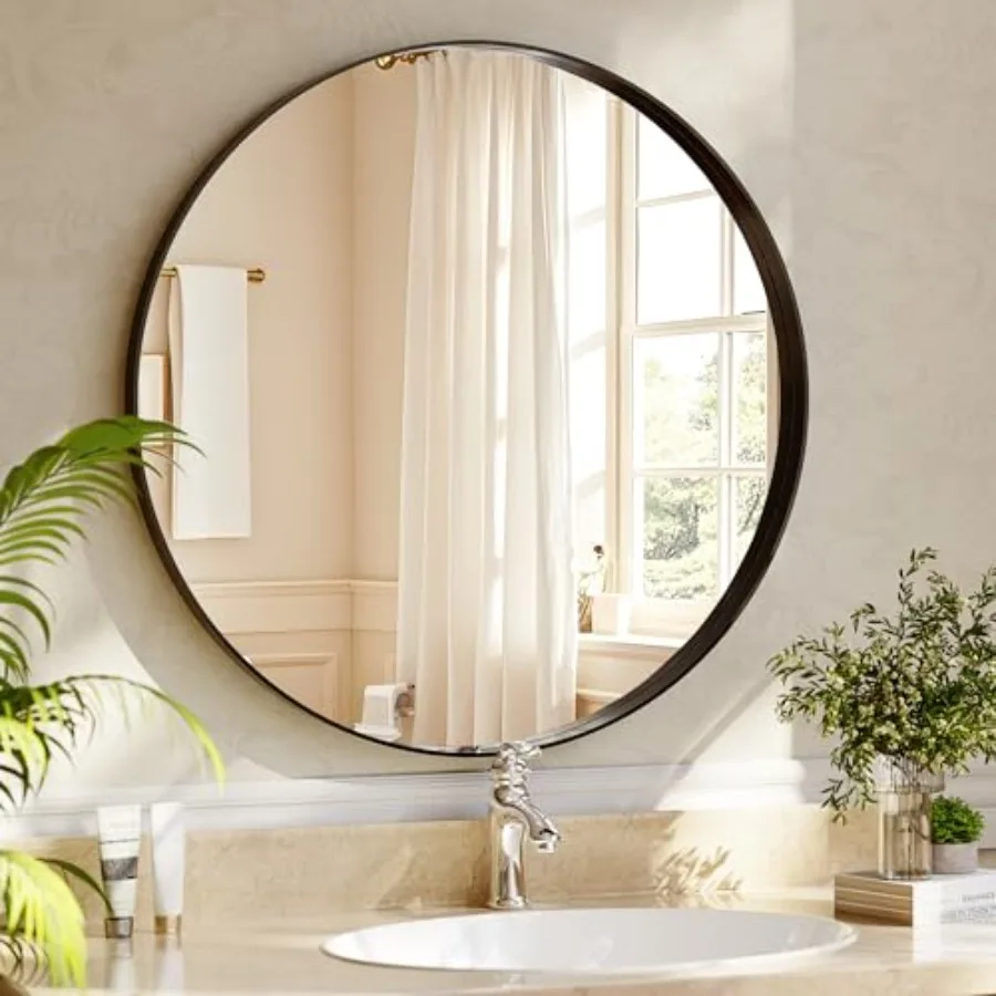 

30-дюймовое круглое зеркало для ванной комнаты с глубокой металлической рамой, настенное, для декора стен, гостиной, туалетного столика, прихожей, для подвешивания или настенного крепления.