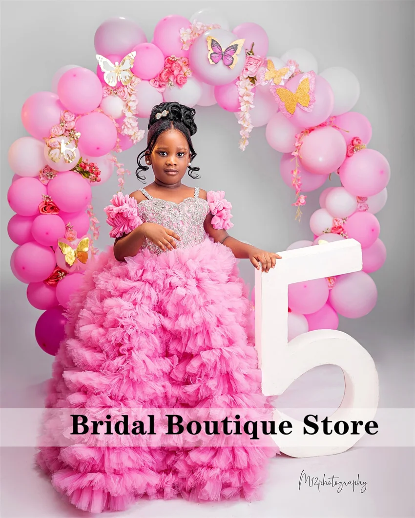 

Diamonds Pink Flower Girl Princess Dress 2024 Bow Crystals Rhinestones Beads Pageant Cute Birthday Party Gown Tiered Ruffles