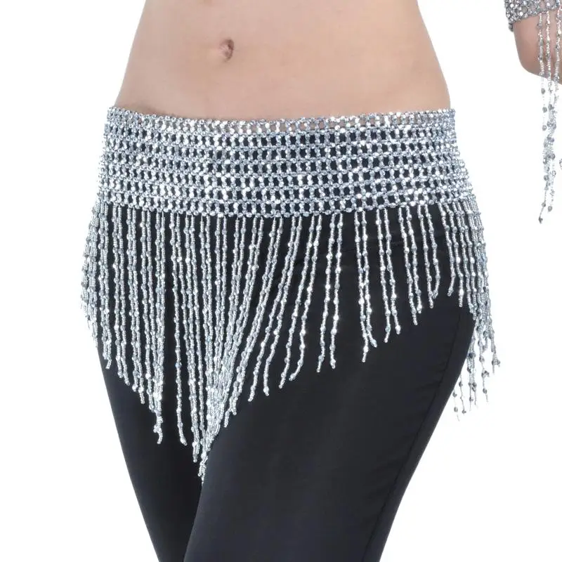 Womens Handmade Shimmery Beaded Belly Dance Hip Scarf for Bellydance Waist Chain Skirt Belt Carnival Rav Outfit Suit Party Cloth