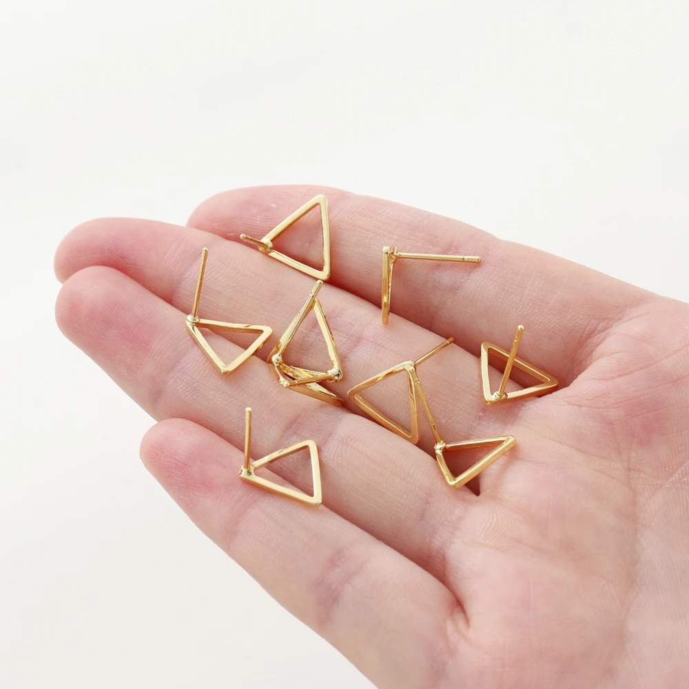 10Pcs 12mm 14K/18K Gold Color Plated Brass Triangle Ear Studs for Earrings Jewelry Making DIY Earrings Base Accessories