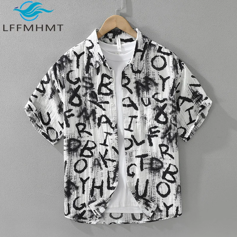 

8527 летняя модная рубашка с короткими рукавами и буквенным принтом, мужская модная универсальная элегантная свободная повседневная рубашка, уличная мужская одежда