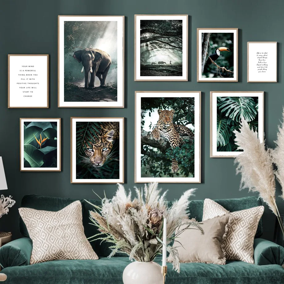 Jungle Wild Leopard Elephant Tropical Bird Leaf Nordic Poster Wall Art Print For Living Room Decor Canvas Painting Wall Picture