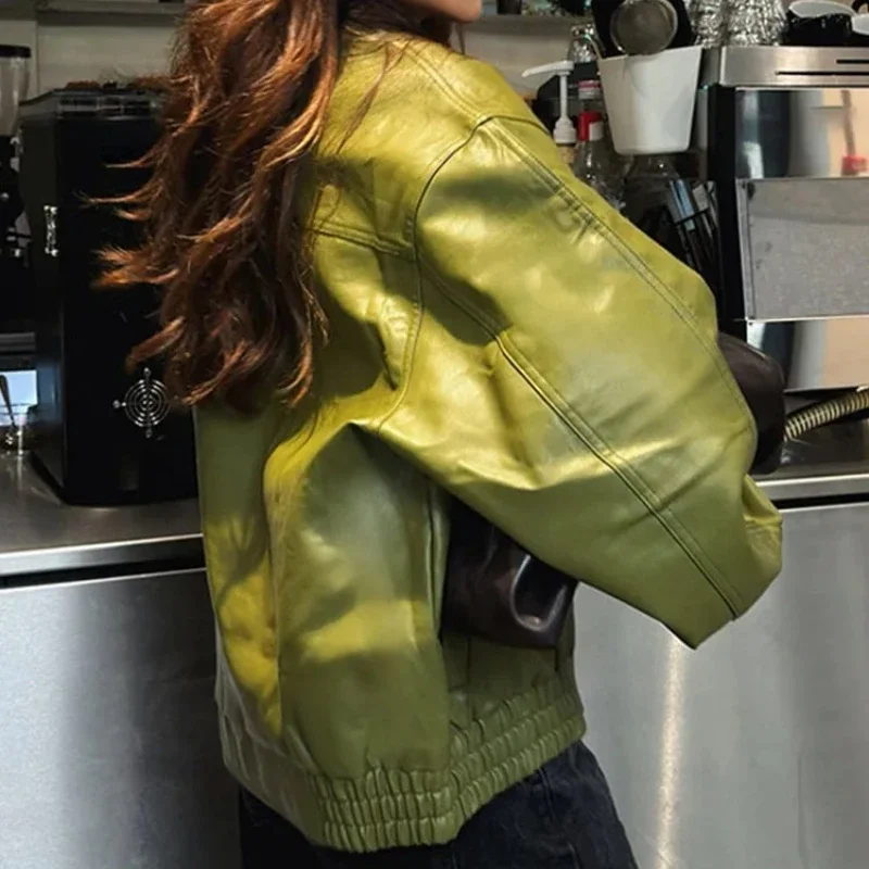 Autumn Olive Green Faux Leather Jacket Coat Vintage Moto Biker Zipper Jacket Lapel Loose Casual Women's Outwear