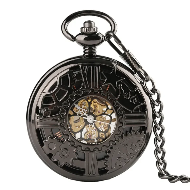 Antique Hollow Out Gear Case Men Women Handwinding Mechanical Pocket Watch Pendant Chain Skeleton Clock Roman Numeral Timepiece